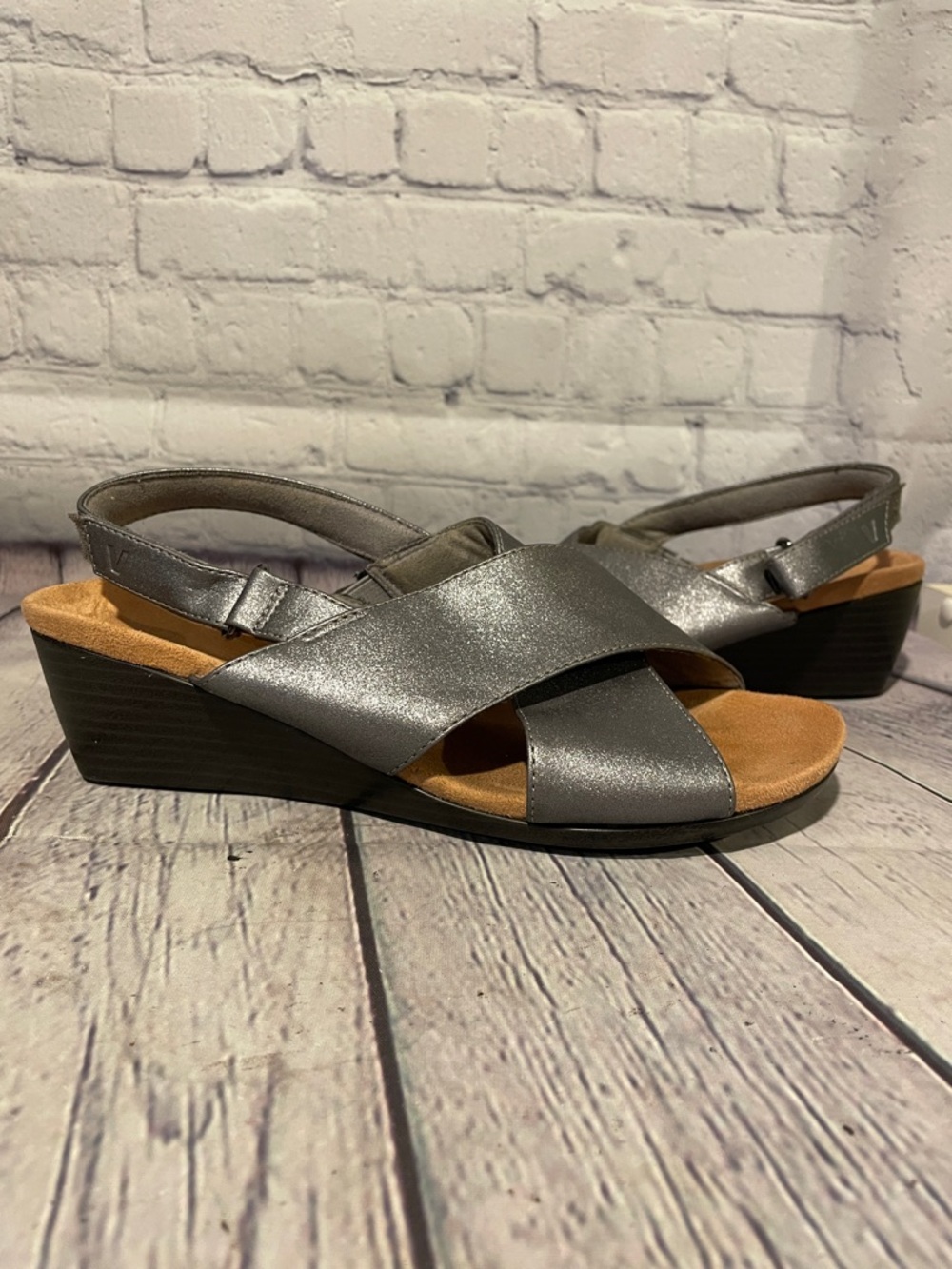 Vionic Metallic Gray Crisscross Slingback Wedge Sandals - Picture 5 of 10